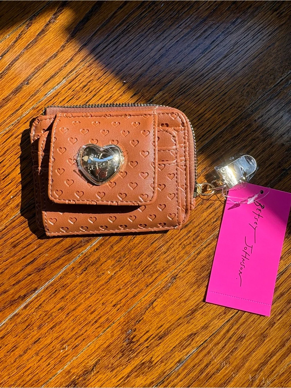 Betsey Johnson Brown Heart-Embossed Zip Card & Key Holder with Gold Heart Accent